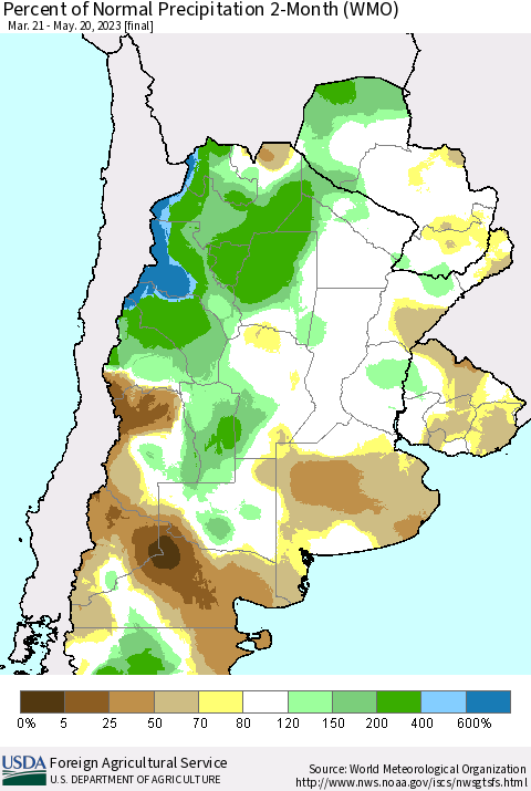 Southern South America Percent of Normal Precipitation 2-Month (WMO) Thematic Map For 3/21/2023 - 5/20/2023