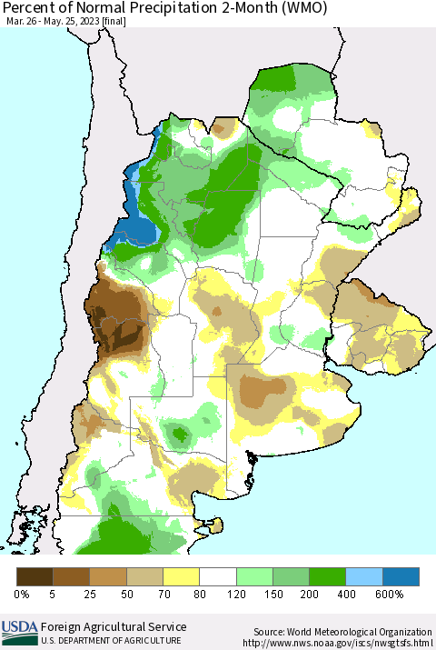 Southern South America Percent of Normal Precipitation 2-Month (WMO) Thematic Map For 3/26/2023 - 5/25/2023