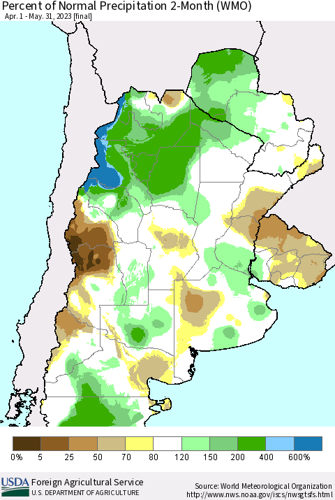 Southern South America Percent of Normal Precipitation 2-Month (WMO) Thematic Map For 4/1/2023 - 5/31/2023