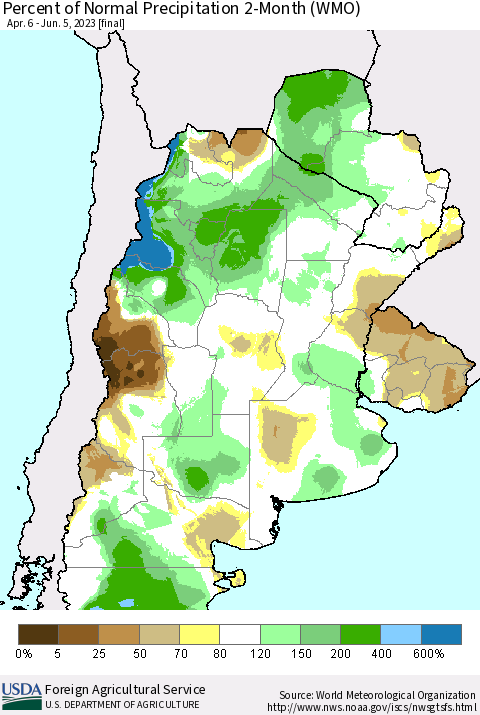 Southern South America Percent of Normal Precipitation 2-Month (WMO) Thematic Map For 4/6/2023 - 6/5/2023