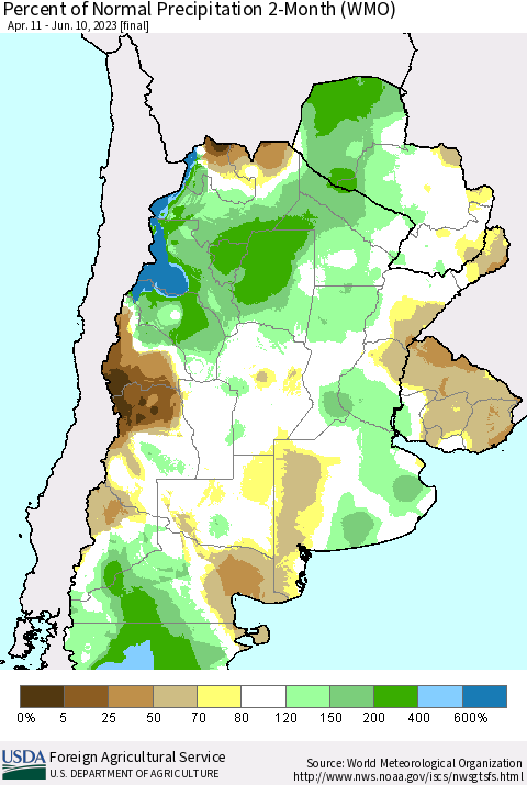 Southern South America Percent of Normal Precipitation 2-Month (WMO) Thematic Map For 4/11/2023 - 6/10/2023