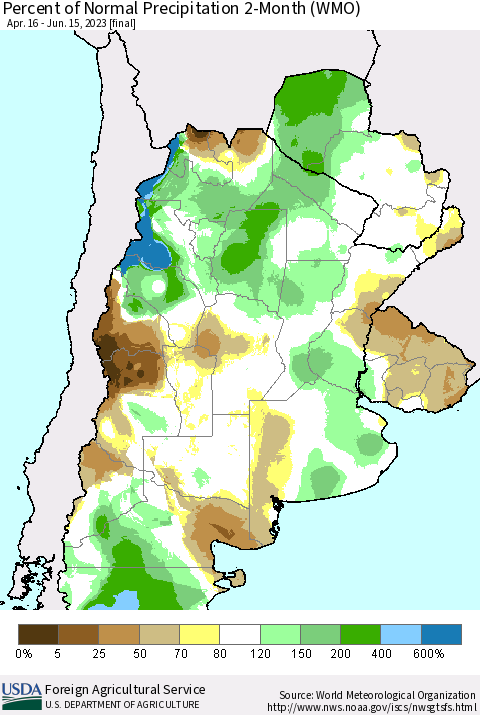 Southern South America Percent of Normal Precipitation 2-Month (WMO) Thematic Map For 4/16/2023 - 6/15/2023