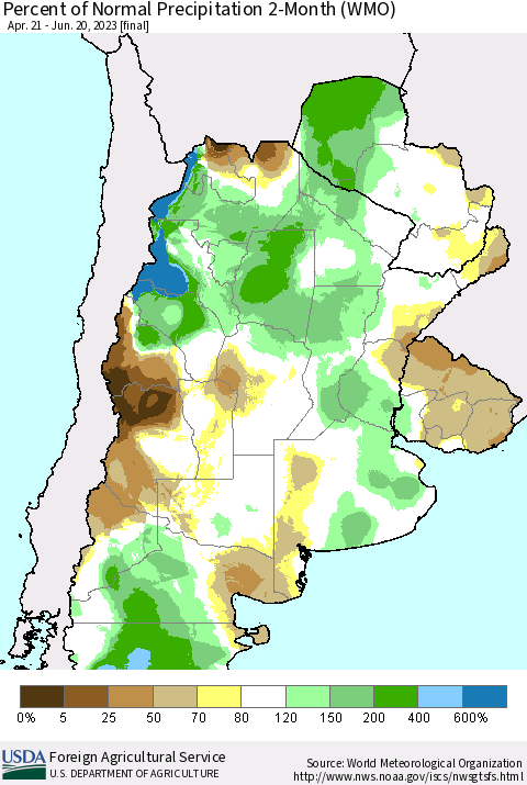 Southern South America Percent of Normal Precipitation 2-Month (WMO) Thematic Map For 4/21/2023 - 6/20/2023