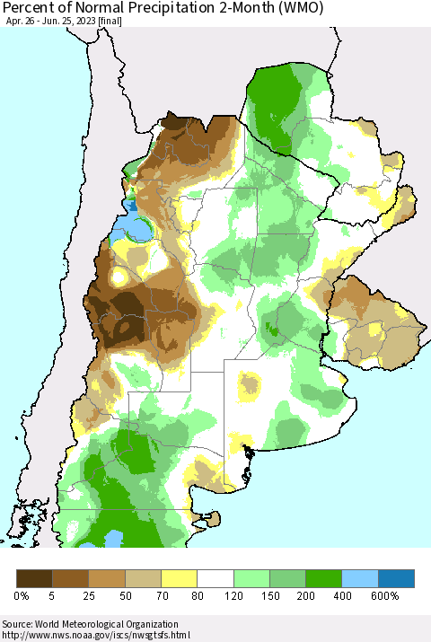 Southern South America Percent of Normal Precipitation 2-Month (WMO) Thematic Map For 4/26/2023 - 6/25/2023