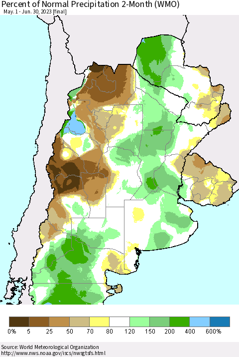 Southern South America Percent of Normal Precipitation 2-Month (WMO) Thematic Map For 5/1/2023 - 6/30/2023