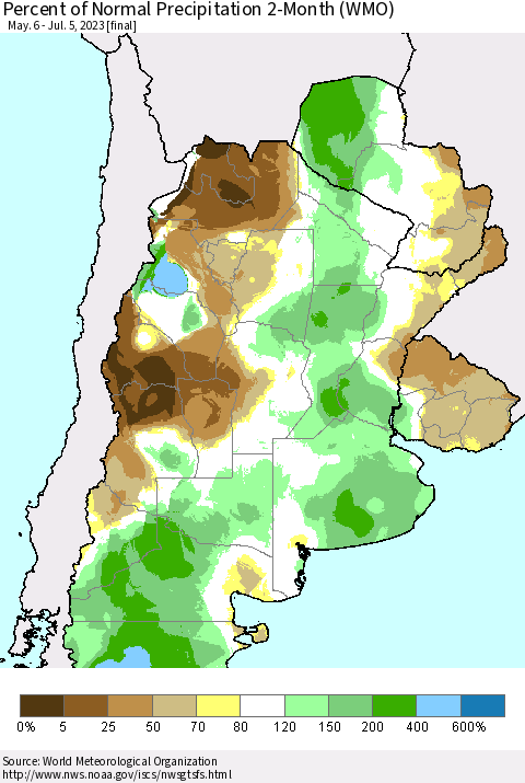 Southern South America Percent of Normal Precipitation 2-Month (WMO) Thematic Map For 5/6/2023 - 7/5/2023