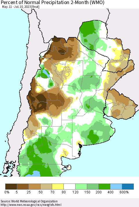 Southern South America Percent of Normal Precipitation 2-Month (WMO) Thematic Map For 5/11/2023 - 7/10/2023