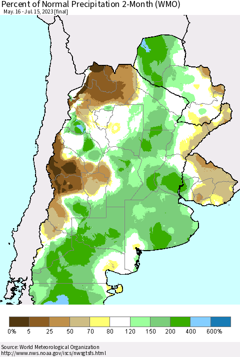 Southern South America Percent of Normal Precipitation 2-Month (WMO) Thematic Map For 5/16/2023 - 7/15/2023