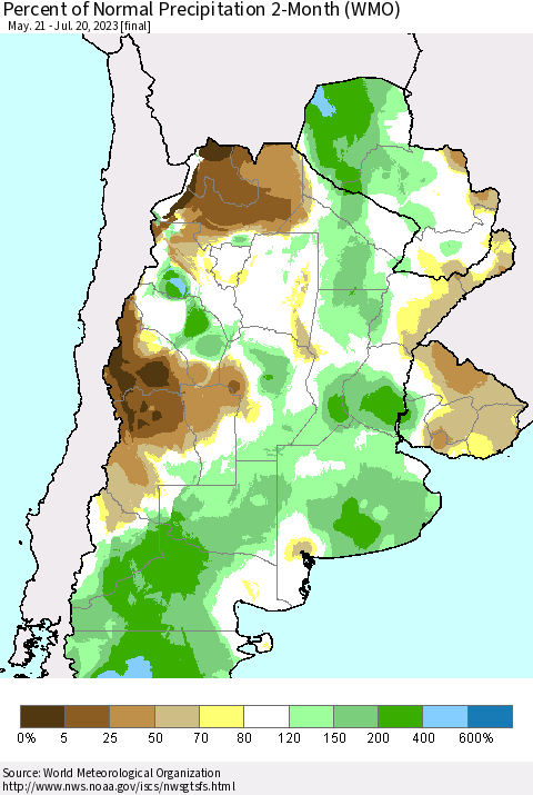 Southern South America Percent of Normal Precipitation 2-Month (WMO) Thematic Map For 5/21/2023 - 7/20/2023