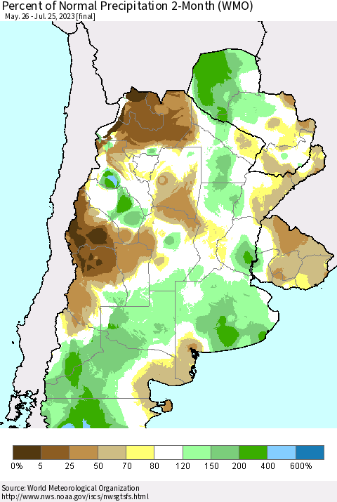 Southern South America Percent of Normal Precipitation 2-Month (WMO) Thematic Map For 5/26/2023 - 7/25/2023