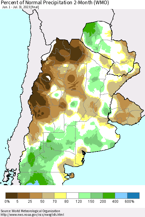 Southern South America Percent of Normal Precipitation 2-Month (WMO) Thematic Map For 6/1/2023 - 7/31/2023