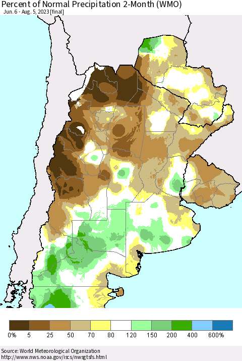 Southern South America Percent of Normal Precipitation 2-Month (WMO) Thematic Map For 6/6/2023 - 8/5/2023