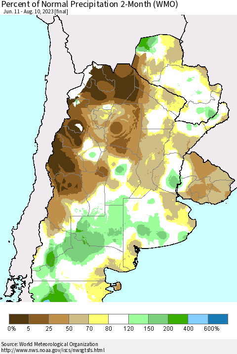 Southern South America Percent of Normal Precipitation 2-Month (WMO) Thematic Map For 6/11/2023 - 8/10/2023