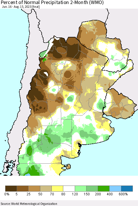 Southern South America Percent of Normal Precipitation 2-Month (WMO) Thematic Map For 6/16/2023 - 8/15/2023