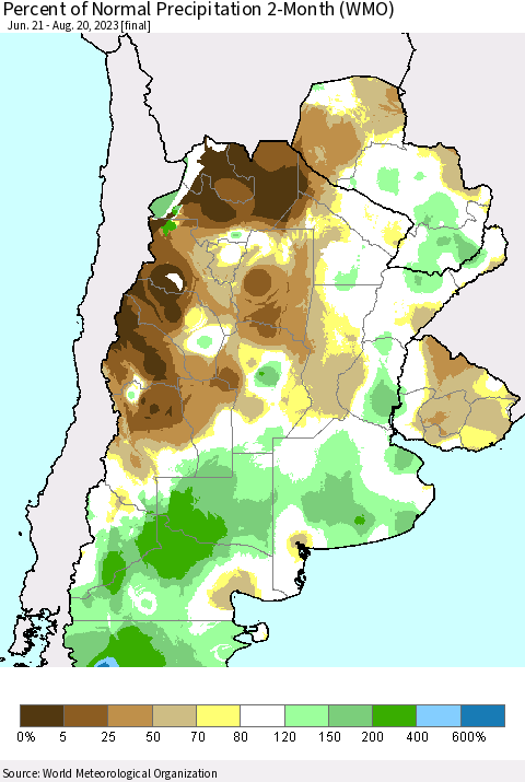 Southern South America Percent of Normal Precipitation 2-Month (WMO) Thematic Map For 6/21/2023 - 8/20/2023