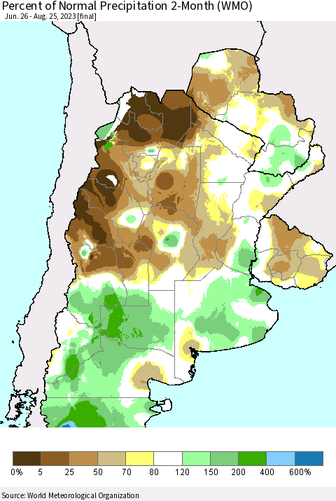 Southern South America Percent of Normal Precipitation 2-Month (WMO) Thematic Map For 6/26/2023 - 8/25/2023