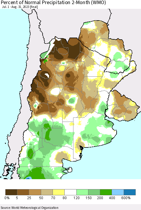 Southern South America Percent of Normal Precipitation 2-Month (WMO) Thematic Map For 7/1/2023 - 8/31/2023