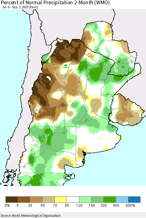 Southern South America Percent of Normal Precipitation 2-Month (WMO) Thematic Map For 7/6/2023 - 9/5/2023