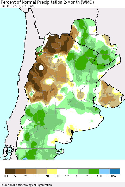 Southern South America Percent of Normal Precipitation 2-Month (WMO) Thematic Map For 7/11/2023 - 9/10/2023