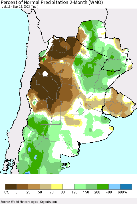 Southern South America Percent of Normal Precipitation 2-Month (WMO) Thematic Map For 7/16/2023 - 9/15/2023