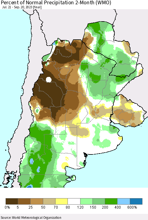 Southern South America Percent of Normal Precipitation 2-Month (WMO) Thematic Map For 7/21/2023 - 9/20/2023