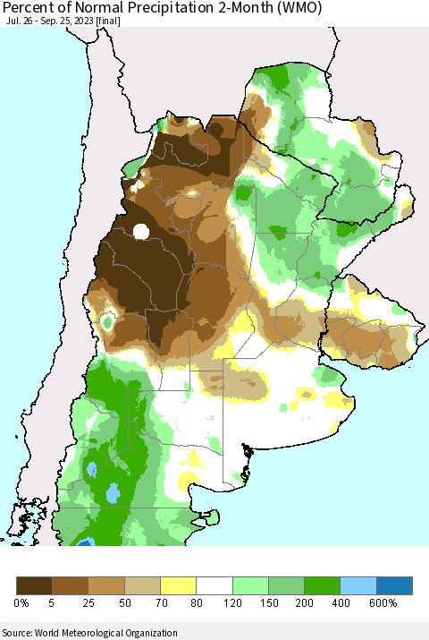 Southern South America Percent of Normal Precipitation 2-Month (WMO) Thematic Map For 7/26/2023 - 9/25/2023