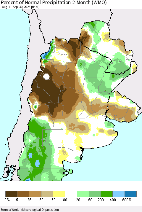 Southern South America Percent of Normal Precipitation 2-Month (WMO) Thematic Map For 8/1/2023 - 9/30/2023