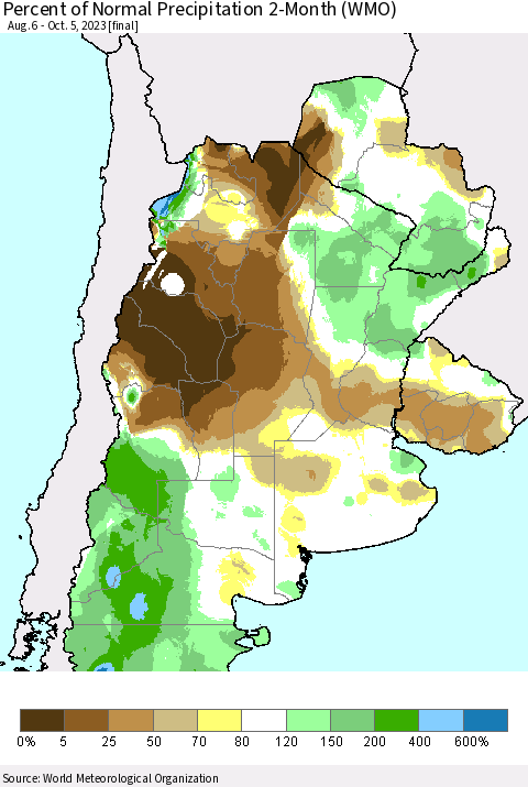 Southern South America Percent of Normal Precipitation 2-Month (WMO) Thematic Map For 8/6/2023 - 10/5/2023