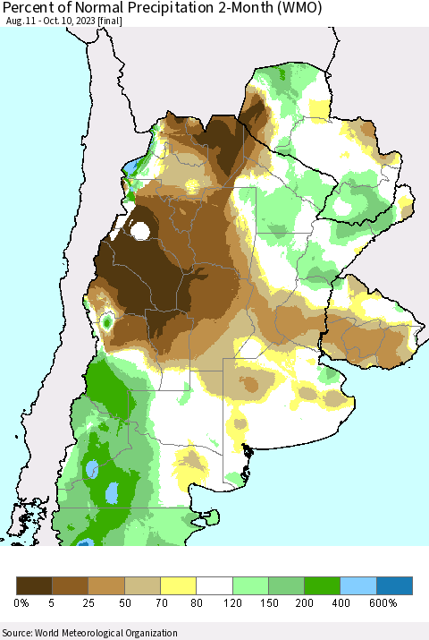 Southern South America Percent of Normal Precipitation 2-Month (WMO) Thematic Map For 8/11/2023 - 10/10/2023