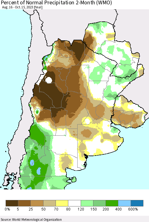 Southern South America Percent of Normal Precipitation 2-Month (WMO) Thematic Map For 8/16/2023 - 10/15/2023