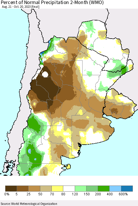 Southern South America Percent of Normal Precipitation 2-Month (WMO) Thematic Map For 8/21/2023 - 10/20/2023