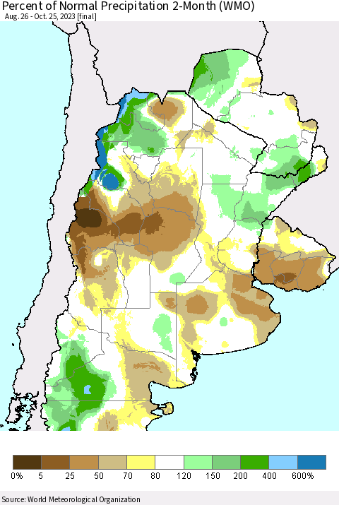 Southern South America Percent of Normal Precipitation 2-Month (WMO) Thematic Map For 8/26/2023 - 10/25/2023