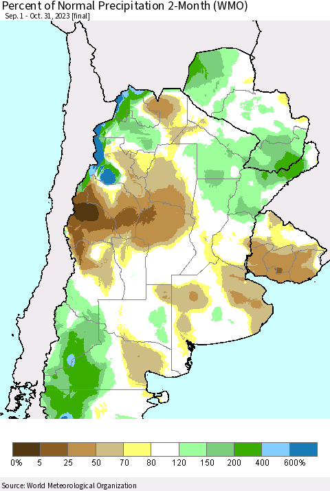 Southern South America Percent of Normal Precipitation 2-Month (WMO) Thematic Map For 9/1/2023 - 10/31/2023