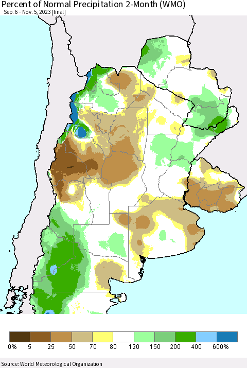 Southern South America Percent of Normal Precipitation 2-Month (WMO) Thematic Map For 9/6/2023 - 11/5/2023