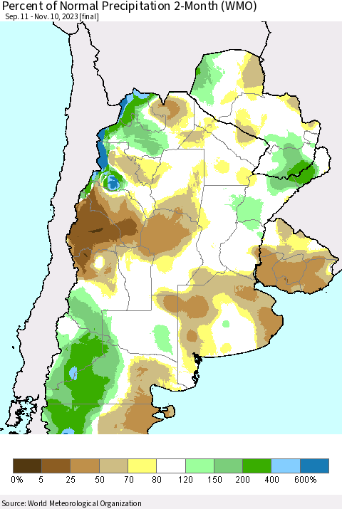 Southern South America Percent of Normal Precipitation 2-Month (WMO) Thematic Map For 9/11/2023 - 11/10/2023