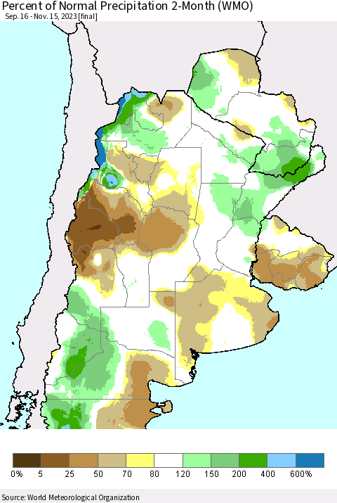 Southern South America Percent of Normal Precipitation 2-Month (WMO) Thematic Map For 9/16/2023 - 11/15/2023