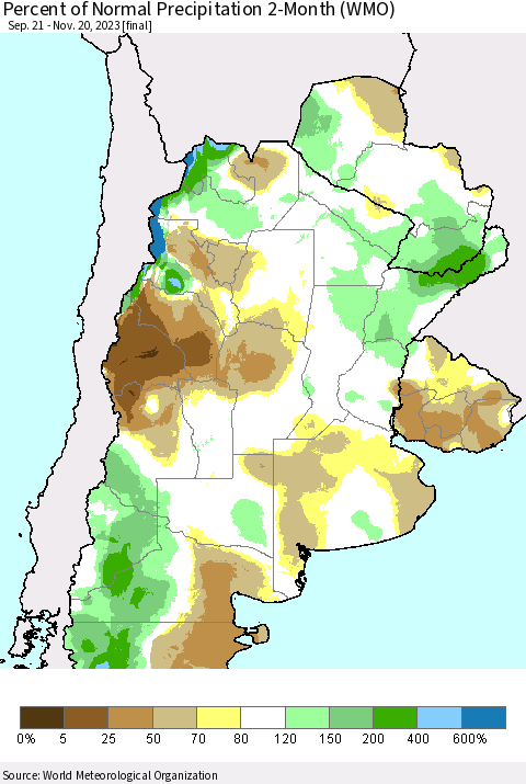 Southern South America Percent of Normal Precipitation 2-Month (WMO) Thematic Map For 9/21/2023 - 11/20/2023