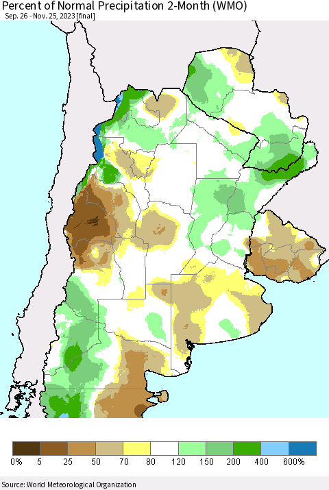 Southern South America Percent of Normal Precipitation 2-Month (WMO) Thematic Map For 9/26/2023 - 11/25/2023