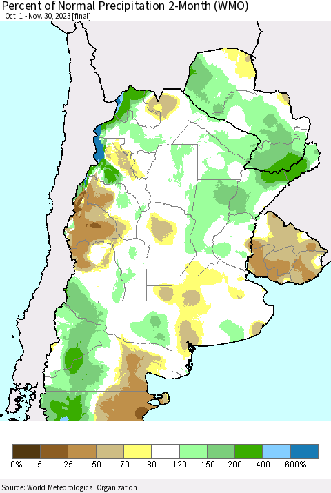 Southern South America Percent of Normal Precipitation 2-Month (WMO) Thematic Map For 10/1/2023 - 11/30/2023