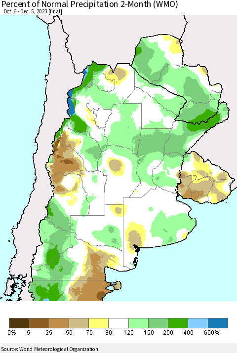 Southern South America Percent of Normal Precipitation 2-Month (WMO) Thematic Map For 10/6/2023 - 12/5/2023