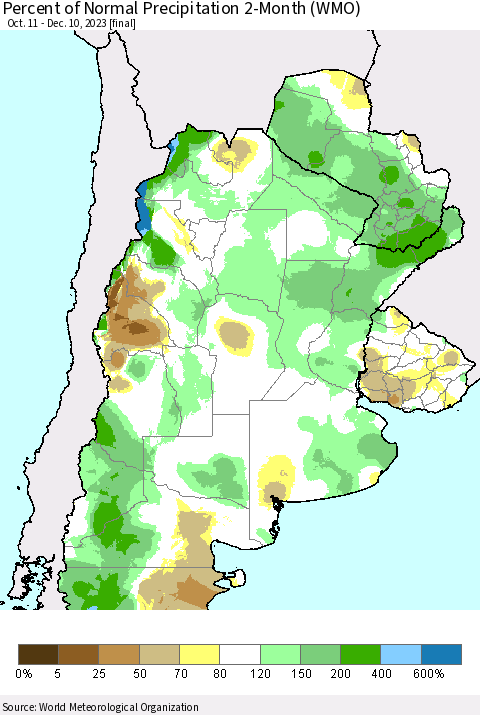 Southern South America Percent of Normal Precipitation 2-Month (WMO) Thematic Map For 10/11/2023 - 12/10/2023