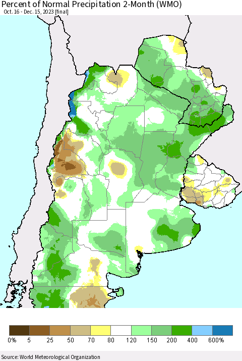 Southern South America Percent of Normal Precipitation 2-Month (WMO) Thematic Map For 10/16/2023 - 12/15/2023