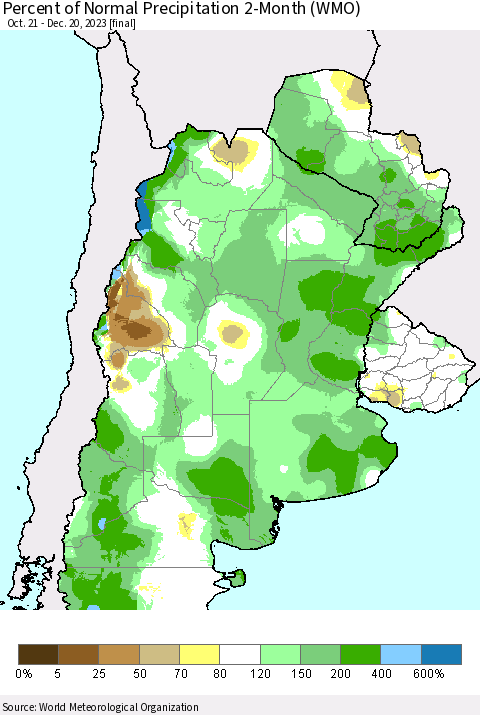 Southern South America Percent of Normal Precipitation 2-Month (WMO) Thematic Map For 10/21/2023 - 12/20/2023