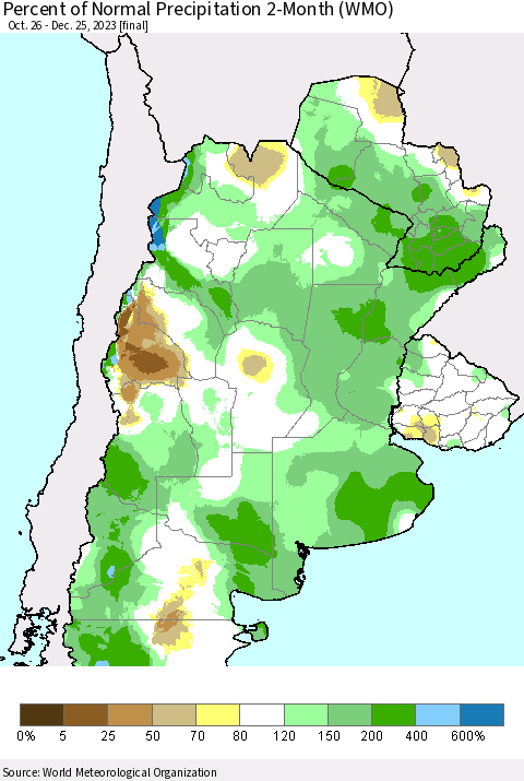 Southern South America Percent of Normal Precipitation 2-Month (WMO) Thematic Map For 10/26/2023 - 12/25/2023