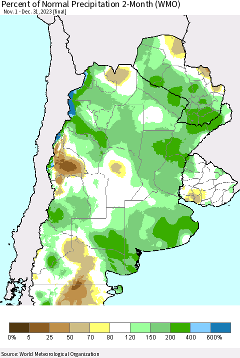 Southern South America Percent of Normal Precipitation 2-Month (WMO) Thematic Map For 11/1/2023 - 12/31/2023