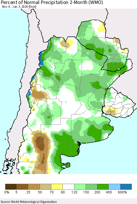Southern South America Percent of Normal Precipitation 2-Month (WMO) Thematic Map For 11/6/2023 - 1/5/2024