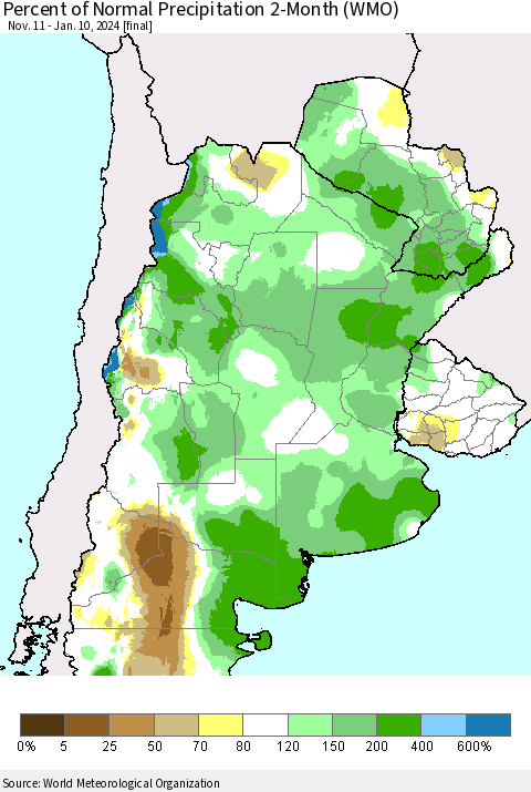 Southern South America Percent of Normal Precipitation 2-Month (WMO) Thematic Map For 11/11/2023 - 1/10/2024