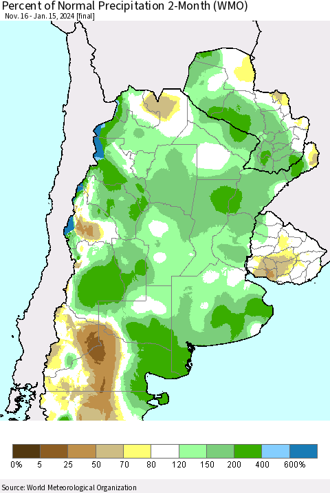 Southern South America Percent of Normal Precipitation 2-Month (WMO) Thematic Map For 11/16/2023 - 1/15/2024