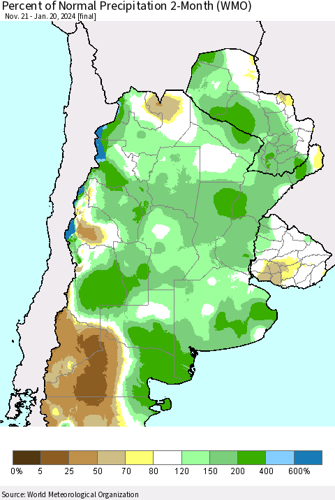 Southern South America Percent of Normal Precipitation 2-Month (WMO) Thematic Map For 11/21/2023 - 1/20/2024