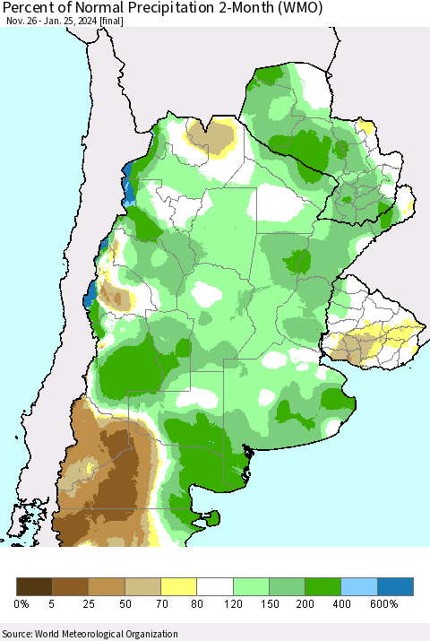 Southern South America Percent of Normal Precipitation 2-Month (WMO) Thematic Map For 11/26/2023 - 1/25/2024